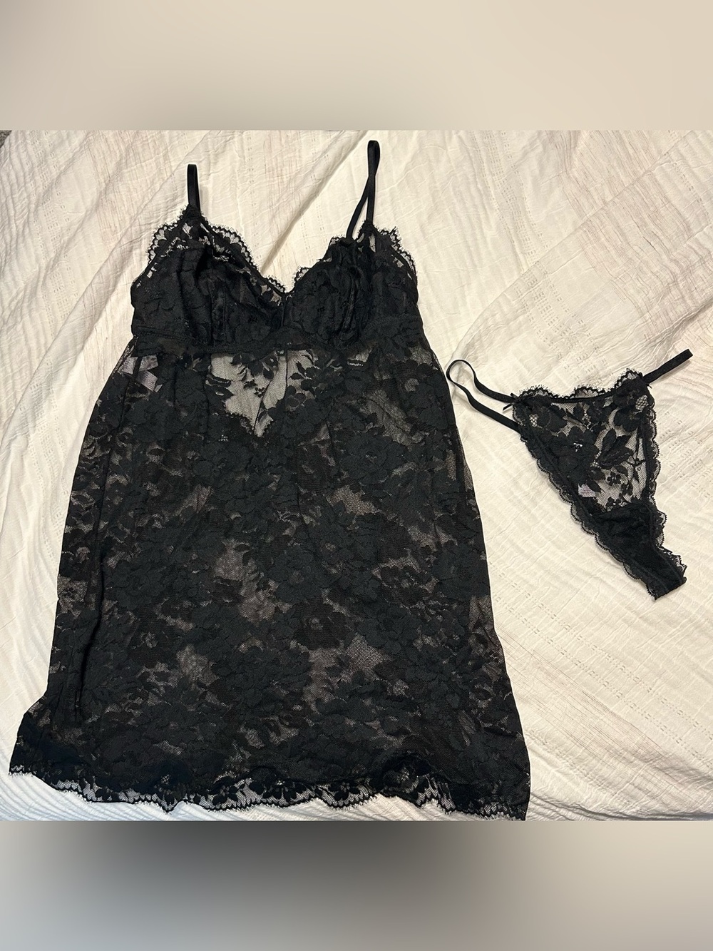 NWOT Auden Medium Black Lace Chemise Slip and G-String NEVER WORN